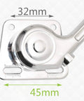 Close-up of lift up cabinet door support hinges set showing 32mm x 45mm size, metal detail, heavy duty construction.