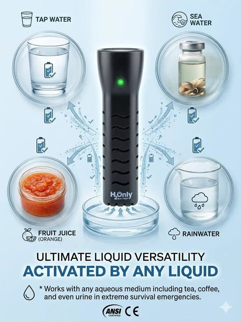 Water Powered Emergency Flashlight No Batteries Needed Off Grid Survival Light for Camping and Hurricane Prep uses any liquid.