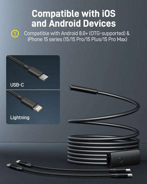 1920P Endoscope With Light Snakes Through Tight Spots Like A Pro, showing coiled cable, USB-C, and Lightning connectors