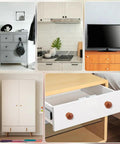 Mushroom Shaped Wood Drawer Knobs 4 Pack on various cabinets, showing their versatility in kitchen cabinets and dressers.