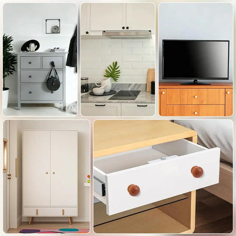 Mushroom Shaped Wood Drawer Knobs 4 Pack on various cabinets, showing their versatility in kitchen cabinets and dressers.