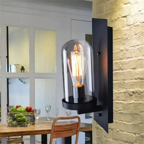 Premium Sleek Rustic Wall Sconce Lighting Fixture Featuring Solid Wood Base And Rustproof Wrought Iron Shade mounted in a cozy dining area.