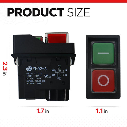 Front view of two Amazon 120V push-button switch modules: left black unit, right green start and red stop panel.