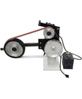 Heavy-Duty Shop Beast 71 Inch Belt Grinder Vertical And Horizontal Modes With Stepless Speed Adjustment Up To 2840 RPM Comes Loaded With Three Grinding Wheels For Tough Jobs 1500W 110V Powered side view showing grinding belt and motor, perfect for metalwork.