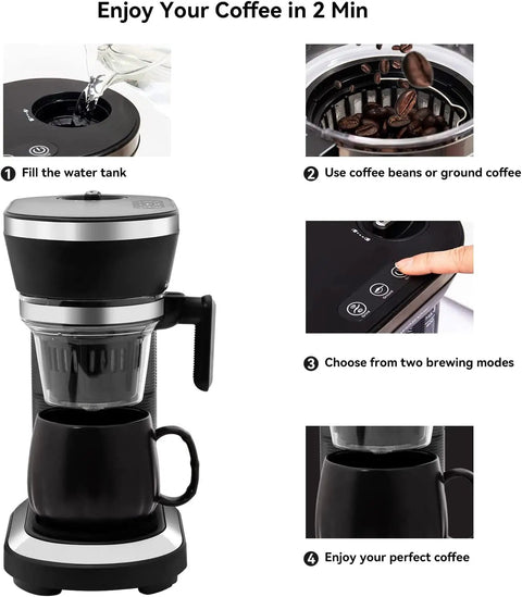 All In One Coffee Maker With Built In Grinder And Steam Pressure Technology For Bold Bean To Cup Drip steps to brew coffee.