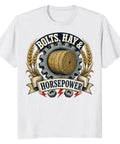 Men's Vintage Hay Horsepower T-Shirt Featuring Soft 100% Cotton Fabric With Distressed Farm Garage Badge Graphic, white shirt with graphic.