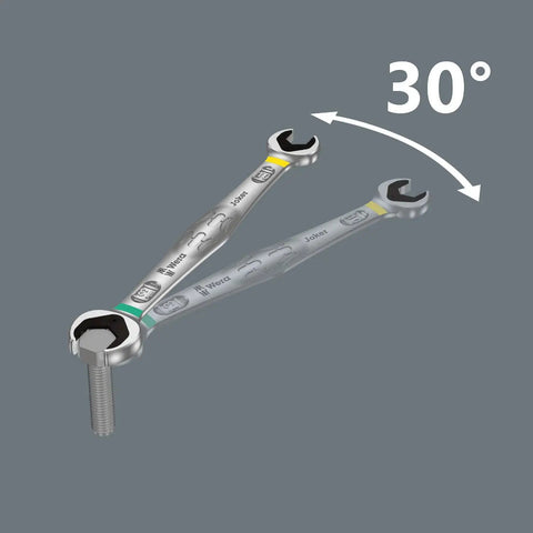 Joker Double Open Ended Wrench 10x13mm 167mm length shown at 30-degree angle with beefy grip jaw plate and non-slip limit stop.