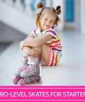 Young girl wearing pink Adjustable Inline Skates For Girls With Illuminating Front Wheels Built For Cool Easy Learning Ride.