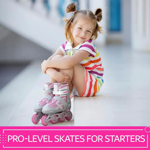 Young girl wearing pink Adjustable Inline Skates For Girls With Illuminating Front Wheels Built For Cool Easy Learning Ride.