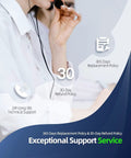Customer support service with headset, 365-day replacement policy, 30-day refund policy highlighted.