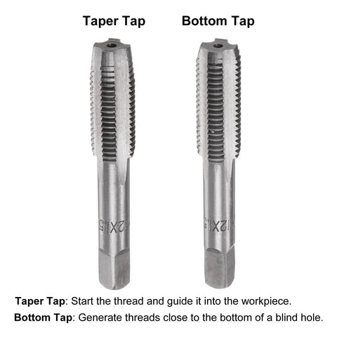 Three Piece Metric Hand Tap And Die Set M12 X 1.5 Right Hand Taps showing taper and bottom tap for threading metal parts.