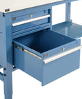 Built Tough Heavy Duty Production Workbench For Real Shop Jobs, ESD Laminated Top, blue storage drawer open.