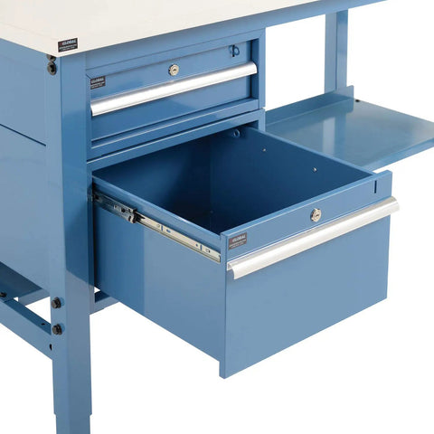 Built Tough Heavy Duty Production Workbench For Real Shop Jobs, ESD Laminated Top, blue storage drawer open.