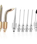 Grease Gun Accessory Kit With 4 Pro Grade Nozzles And Dispenser Straight And Bent Needle Attachments Flat And Sharp Tip Nozzles Rubber Adapter Great For Tight Spaces And Hard To Reach Lubrication Jobs image showing various metal nozzles and adapters