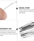 Top Tier Nickel Strip Welding Supply For Battery Spot Welding Tasks Comes In 100 Grams Pack showing nickel strip in hand and multiple strips.