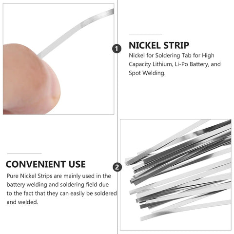Top Tier Nickel Strip Welding Supply For Battery Spot Welding Tasks Comes In 100 Grams Pack showing nickel strip in hand and multiple strips.