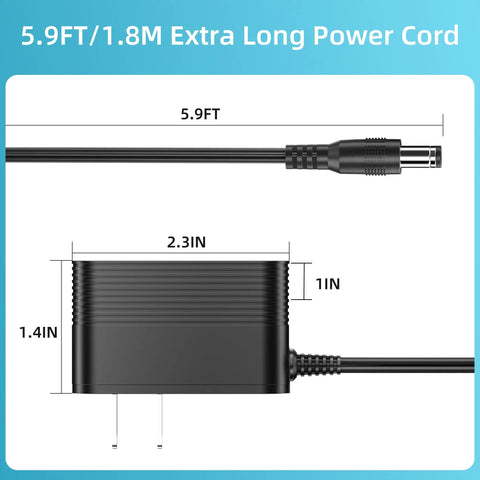 Universal Power Cord For Elliptical And Cardio Machines Replacement Charger Cable with dimensions 5.9FT length and connector view