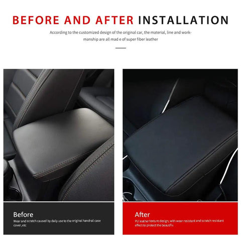 Before and after view of Leather Center Console Armrest Cover For Mazda CX-5 2017-2025 showing installation and protection benefits