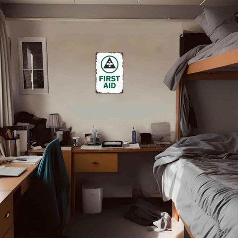 Funny Safety Sign 8x12 Inch Aluminum Wall Decor for bedroom, metal sign with "First Aid" message on wall.