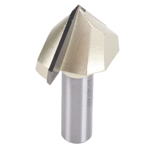 Top Tier 90 Degree V Groove Router Bit With 1/2 Inch Shank For Woodworking Projects; close-up view showing steel edge.