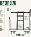 Golf Organizer For Bags And Gear With Adjustable Feet Holds Two Golf Bags And Five Metal Shelves Great Home Garage Clubhouse Storage Rack For Easy Access To Your Clubs And Accessories Easy Assembly dimensions illustration