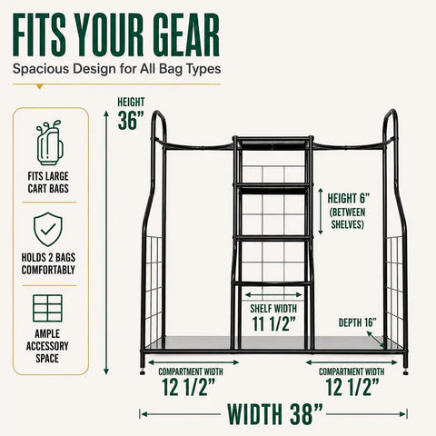 Golf Organizer For Bags And Gear With Adjustable Feet Holds Two Golf Bags And Five Metal Shelves Great Home Garage Clubhouse Storage Rack For Easy Access To Your Clubs And Accessories Easy Assembly dimensions illustration