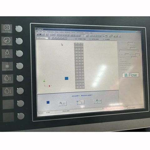 Front view of Flow waterjet cutting machine control panel displaying Flow software interface.
