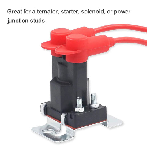 Close-up of red silicone terminal covers, 10 Pack Silicone Terminal Covers For Battery Studs And Power Junction Blocks, Fits 10 To 2 AWG Wire