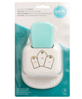 Packaged 3-In-1 Round Tag Punch For Crafting And Scrapbooking, shown with tag size icons on front, in multi-color packaging.