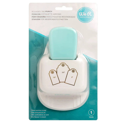Packaged 3-In-1 Round Tag Punch For Crafting And Scrapbooking, shown with tag size icons on front, in multi-color packaging.