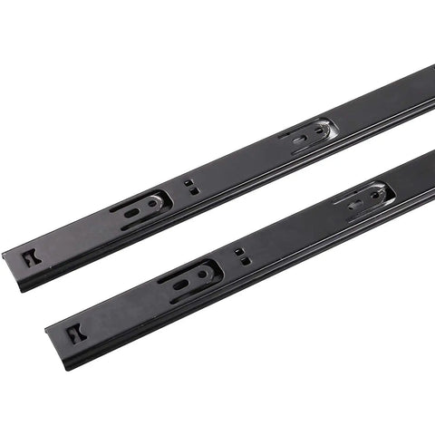 Heavy Duty 3 Section Ball Bearing Drawer Slides With Snappy Quick Release, Side Mount Black Metal Cabinet Tracks close-up view.