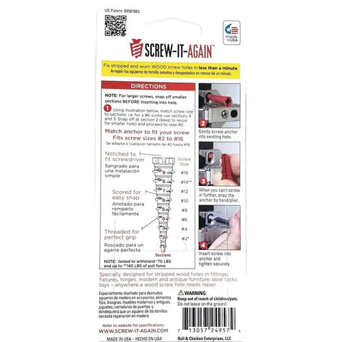 Back of Wood Hole Repair Anchor Kit For Stripped Screws In All Wood Types 10 Count EMW5953260 showing instructions and diagrams.