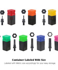 7-Piece Assorted Rivet Nut Gun Mandrels And Nose Pieces Set For Metric M3 M4 M5 M6 M8 M10 M12 Riveters with labeled containers