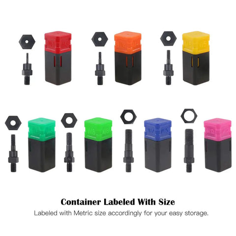 7-Piece Assorted Rivet Nut Gun Mandrels And Nose Pieces Set For Metric M3 M4 M5 M6 M8 M10 M12 Riveters with labeled containers