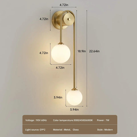 Dope Gold Double Ball Glass Wall Sconce Mid Century Modern Living Room Bedroom Hallway Light With Up Down Left Right Mount G9 Multicolor Bulb Included Minimalist Single Fixture For Bathrooms Stairs Corridors showing dimensions and specifications