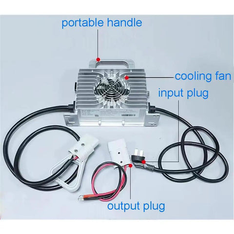 Pro Grade IP67 Waterproof 72V Battery Charger 30A 20S with cooling fan, portable handle, input and output plugs.