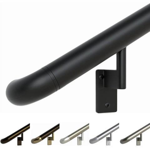 Ultra Slick Satin Black 1.5ft ADA Handrail Kit For Indoor And Outdoor Stairs, 1.6 Inch Round Satin Anodized Aluminum Railing With Pivoting Brackets And ADA Wall Returns, Complete Outdoor Indoor Kit