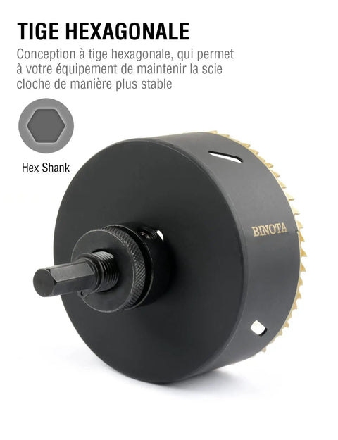 Close-up of a hexagonal shank on M42 Bi Metal Hole Saw Kit 17 Piece For Metal Wood Plywood PVC Gypsum Composite And Stainless Steel Plate 19 To 76 Millimeters Tough As Nails Cutter Set Built For Clean Flat Holes Every Time