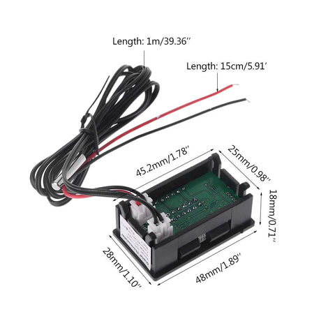 Angled front view of JAGTRADE 2-in-1 car thermometer and voltmeter module with red/black wires and square LED display