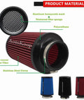 Snap This Slick 3 Inch Cone Air Filter Onto Your Rig Using A Rock Solid Clamp On Mount And Honeycomb Mesh Top Design For A Fully Washable Reusable Tapered Pod Filter Built Tough For Street Or Track In Blue. Red and blue tapered pod air filters with stainless steel clamp.