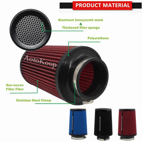 Snap This Slick 3 Inch Cone Air Filter Onto Your Rig Using A Rock Solid Clamp On Mount And Honeycomb Mesh Top Design For A Fully Washable Reusable Tapered Pod Filter Built Tough For Street Or Track In Blue. Red and blue tapered pod air filters with stainless steel clamp.