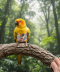 Anti Pinch Bird Flight Suit For Parrots And Small Birds, Prevent Loss, Adjustable Walking Gear in forest setting.