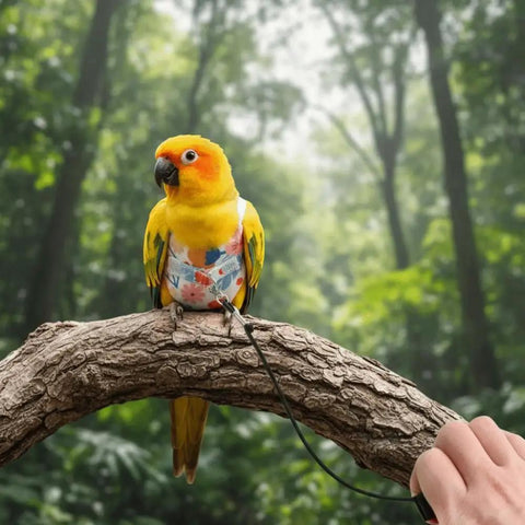 Anti Pinch Bird Flight Suit For Parrots And Small Birds, Prevent Loss, Adjustable Walking Gear in forest setting.