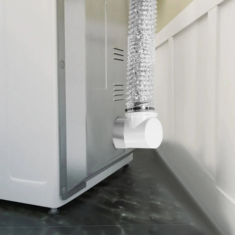 Flexible 4 Inch Dryer Vent Hose Kit For Tight Spaces With Double 90 Degree Elbow And 9.84 Ft Aluminum Exhaust Hose attached to dryer