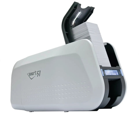 Kickstart Your Operations With This Slick Single Sided ID Card Printer And Supplies Bundle Featuring Fast Dye Sublimation Tech showing a sleek white printer with cards loaded.
