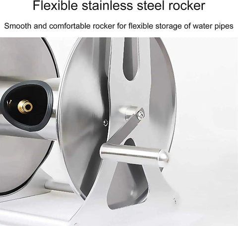 Hella Tough Stainless Steel Garden Hose Reel And Wall Mount Water Hose Storage Rack featuring a flexible stainless steel rocker for hose storage.