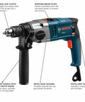 Two Speed Hammer Drill With 8.5 Amp Motor, Auxiliary Handle With Built-In Depth Gauge, And Slip Clutch For Safer, Precise Drilling