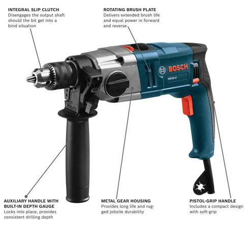 Two Speed Hammer Drill With 8.5 Amp Motor, Auxiliary Handle With Built-In Depth Gauge, And Slip Clutch For Safer, Precise Drilling