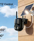 Reliable 4G LTE Solar Security Camera Delivers Crisp 5MP Footage And Vivid Color Night Vision No More WiFi Headaches Featuring rugged IP65 weather-proof design on a wall with solar panel.