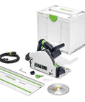 Plunge Cut Track Saw with 55 Inch Guide Rail up to Twice as Fast Cuts and High Torque for Durable Blades Bevels from 0 to 47 Degrees.
